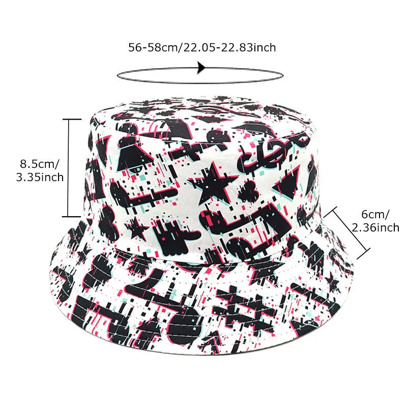 Polyester bucket hat with musical note pattern printing in retro style for outdoor sun protection
