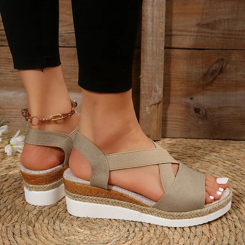 Women's cross-strap wedge platform sandals with hemp heel in beige with cloth upper and rubber sole