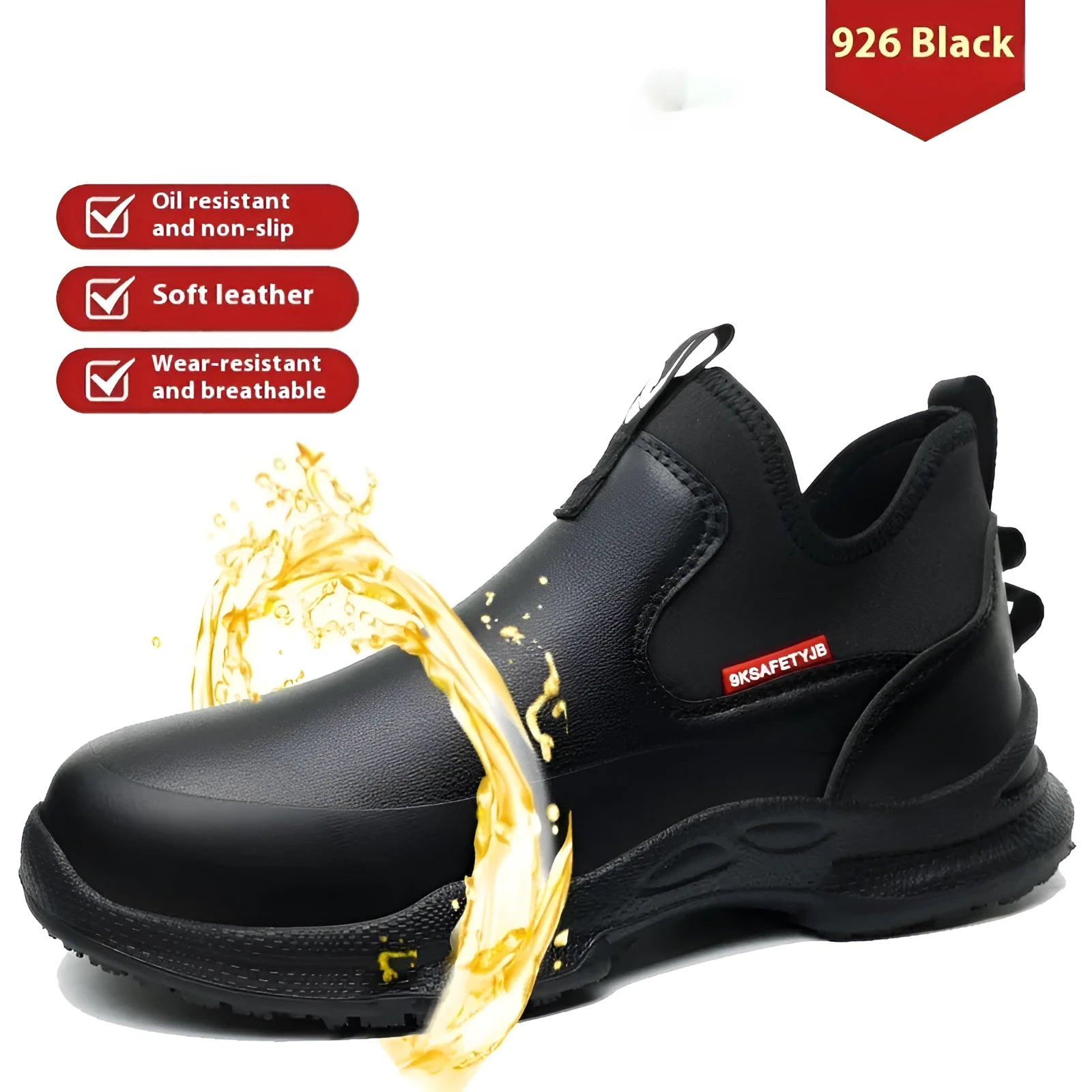 Men's black waterproof work shoes with high-cut design and rubber soles for kitchen and industrial use