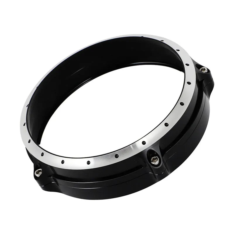 Black CNC aluminium headlight protective frame for BMW R Nine T Scrambler motorcycle.