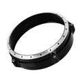 Black CNC aluminium headlight protective frame for BMW R Nine T Scrambler motorcycle.