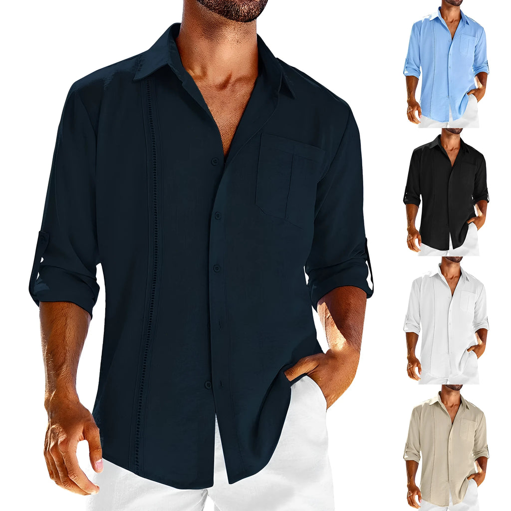 Men's grey cotton blend long sleeve shirt with polo collar and lace pocket detail
