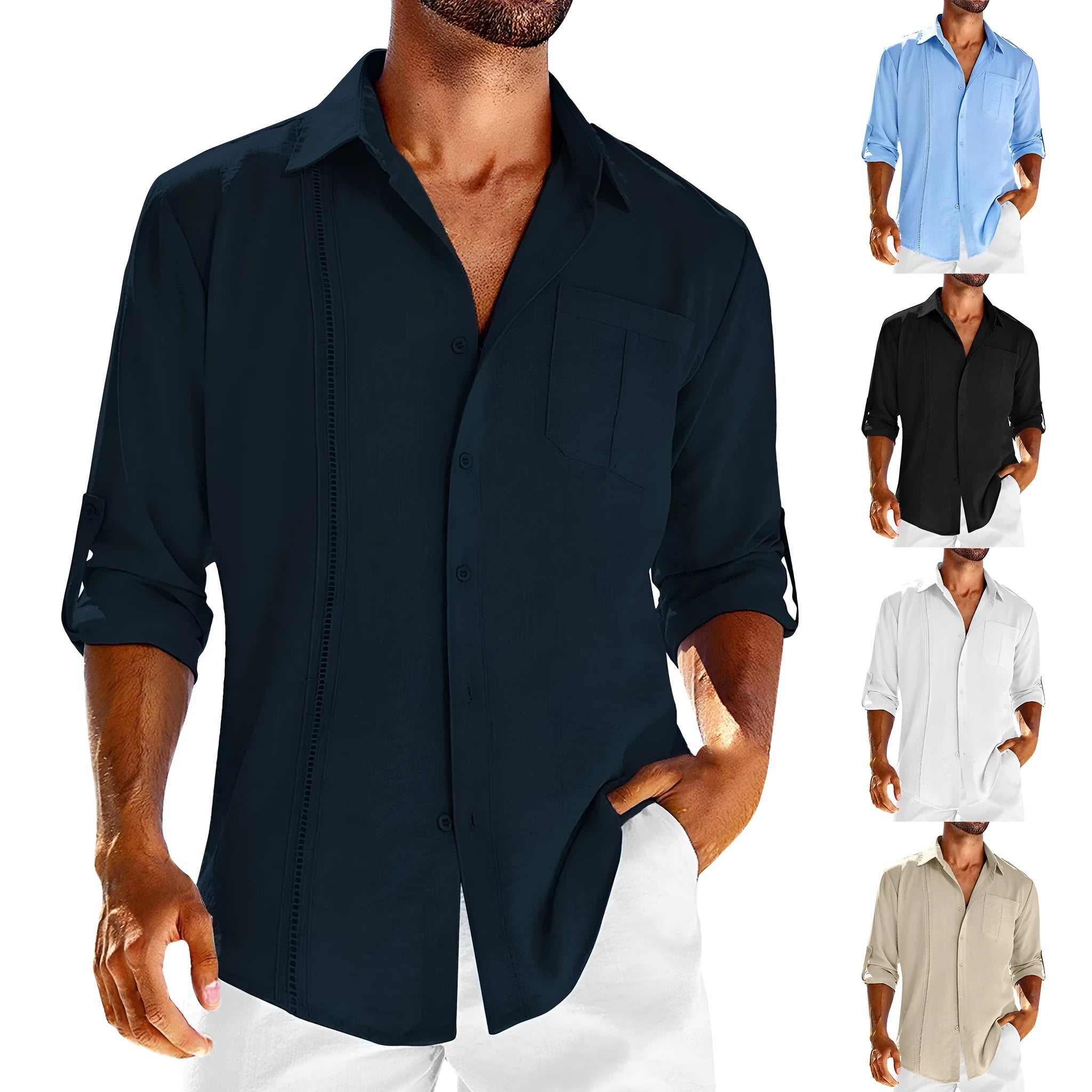 Men's grey cotton blend long sleeve shirt with polo collar and lace pocket detail