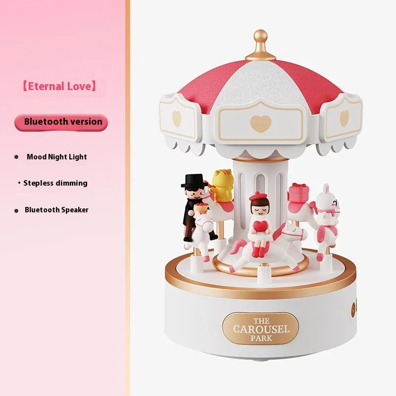 Carousel music box with ambience light showing rotating figurine and USB charging base
