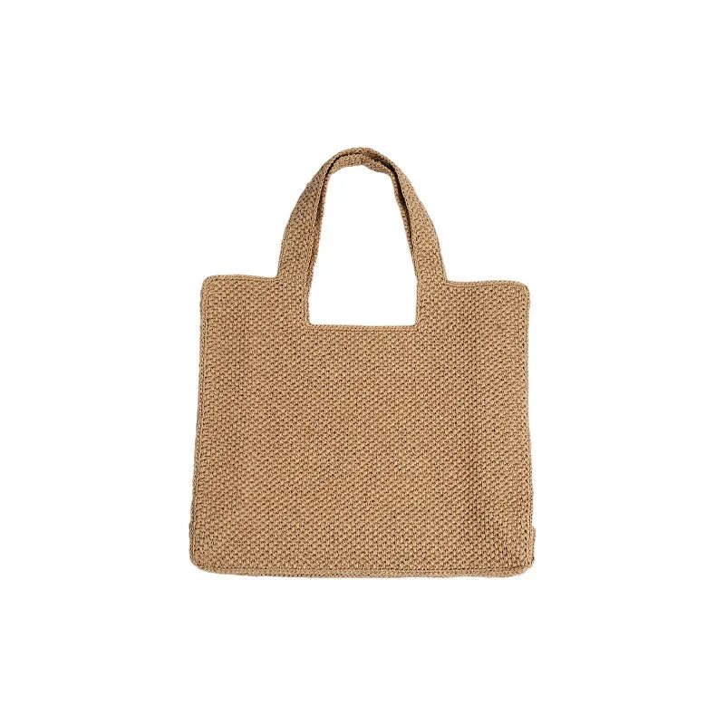 Khaki woven straw bucket tote bag with double straps, open pocket, and horizontal square shape