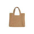 Khaki woven straw bucket tote bag with double straps, open pocket, and horizontal square shape