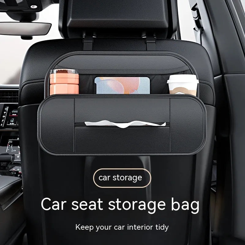Black leather car seat rear storage bag organiser with 36x8x24cm dimensions