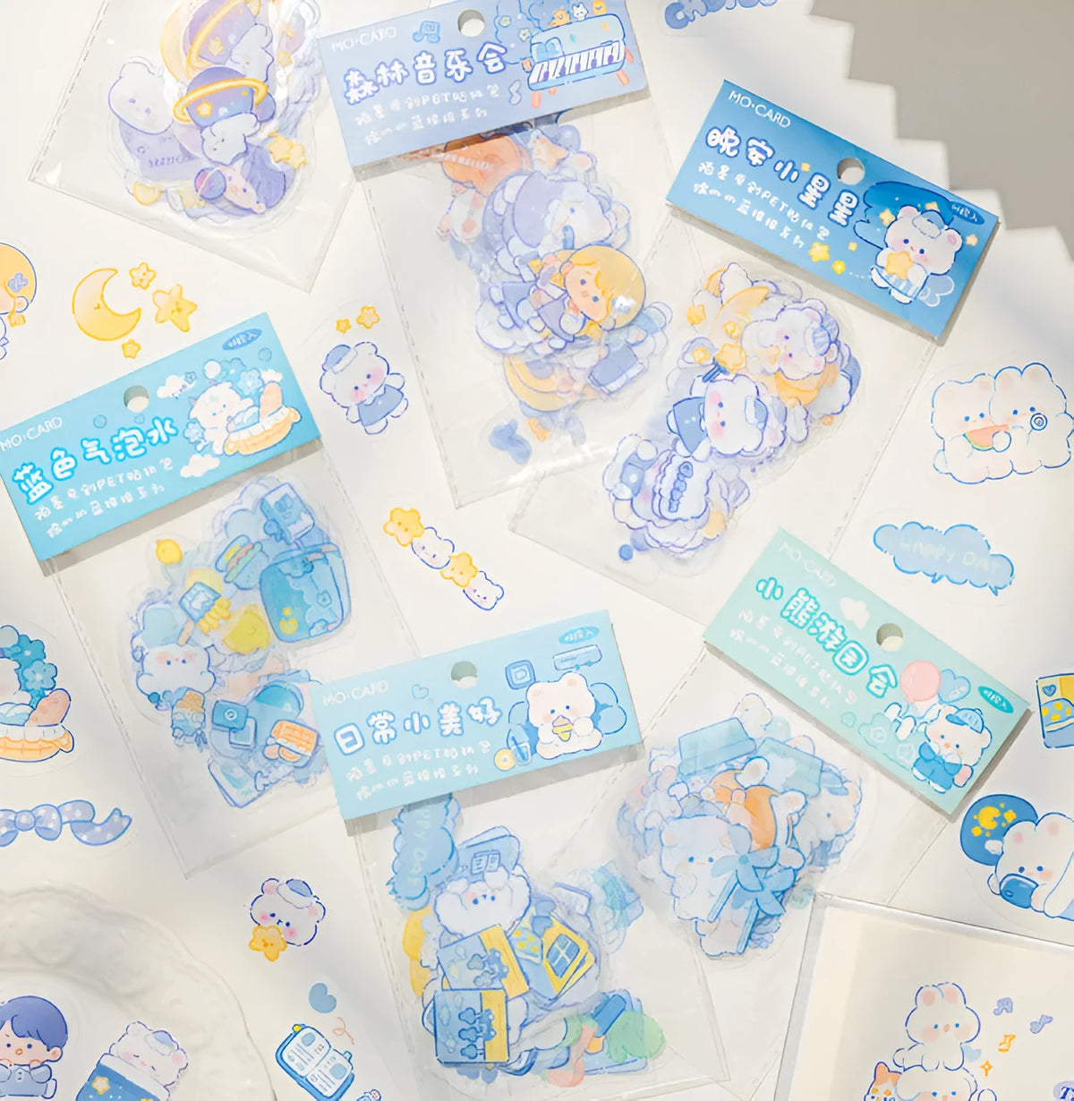 Waxy Ji Blue cartoon decorative stickers, 46pcs waterproof PET set in OPP bag with six styles.