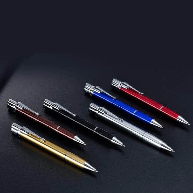 Slim metal windproof jet lighter pen in assorted colours showing refillable butane port and ignition button.