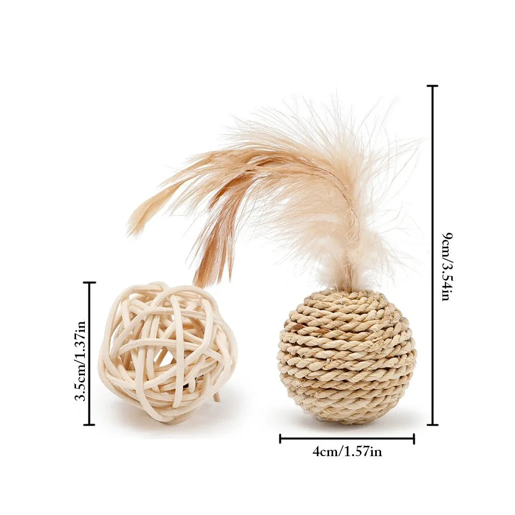 Two cat toy balls: one rattan sphere and one faux feather ball with bell, shown in primary colours