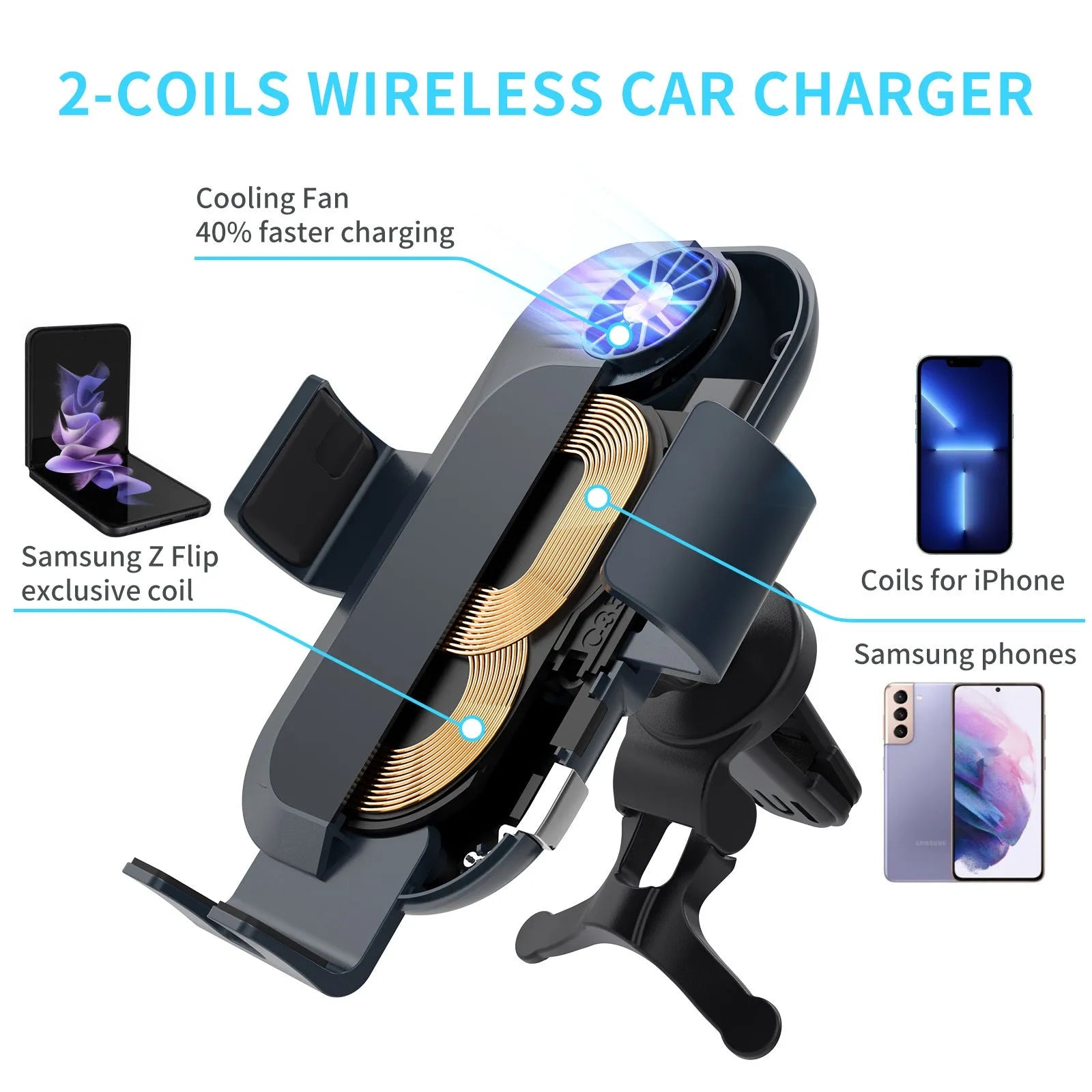 C35 colour car wireless charger phone holder with electric clamping and suction cup air vent mount