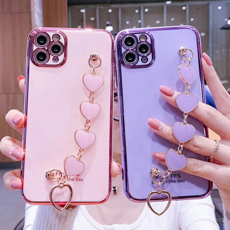 Green silicone phone case with attached bracelet for Samsung and iPhone Xr.