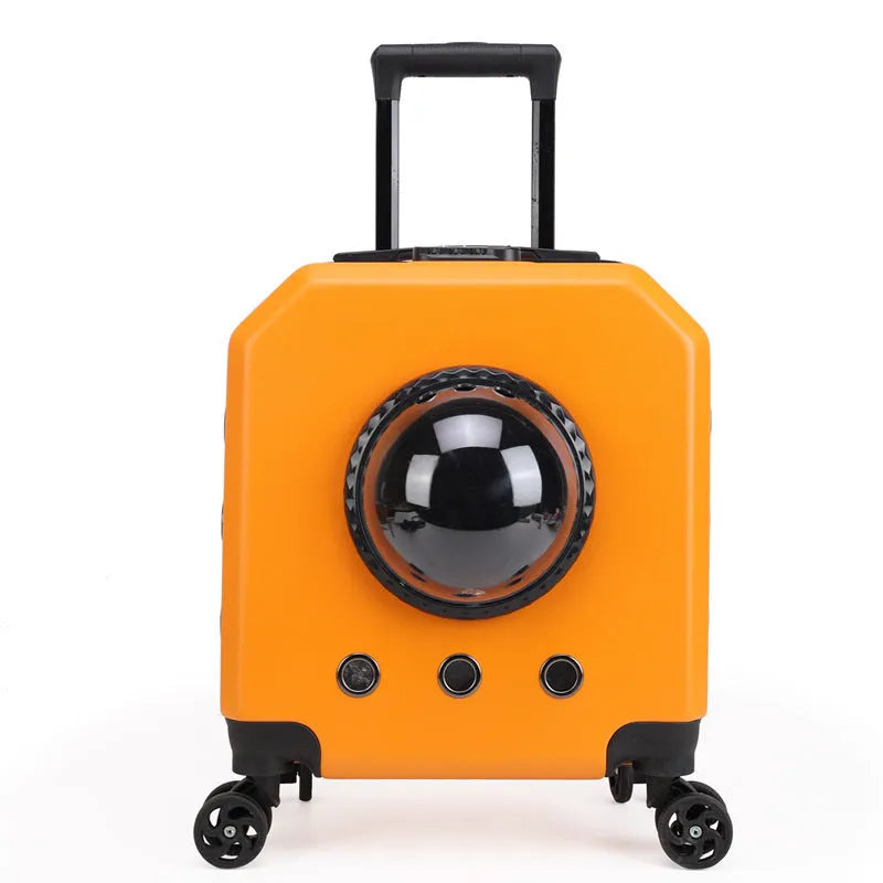 Hard PVC pet flight trolley case in orange, pink, white, or burgundy for small pet transport.