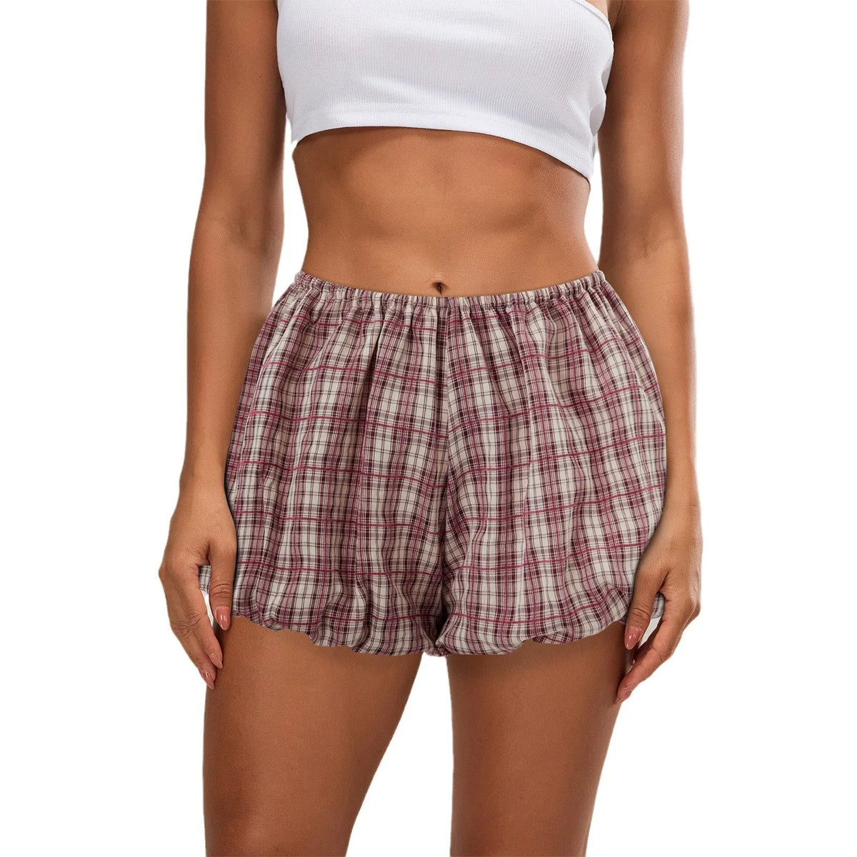 Women's casual plaid polyester shorts with elastic waist, Mori style bloomer, black colour