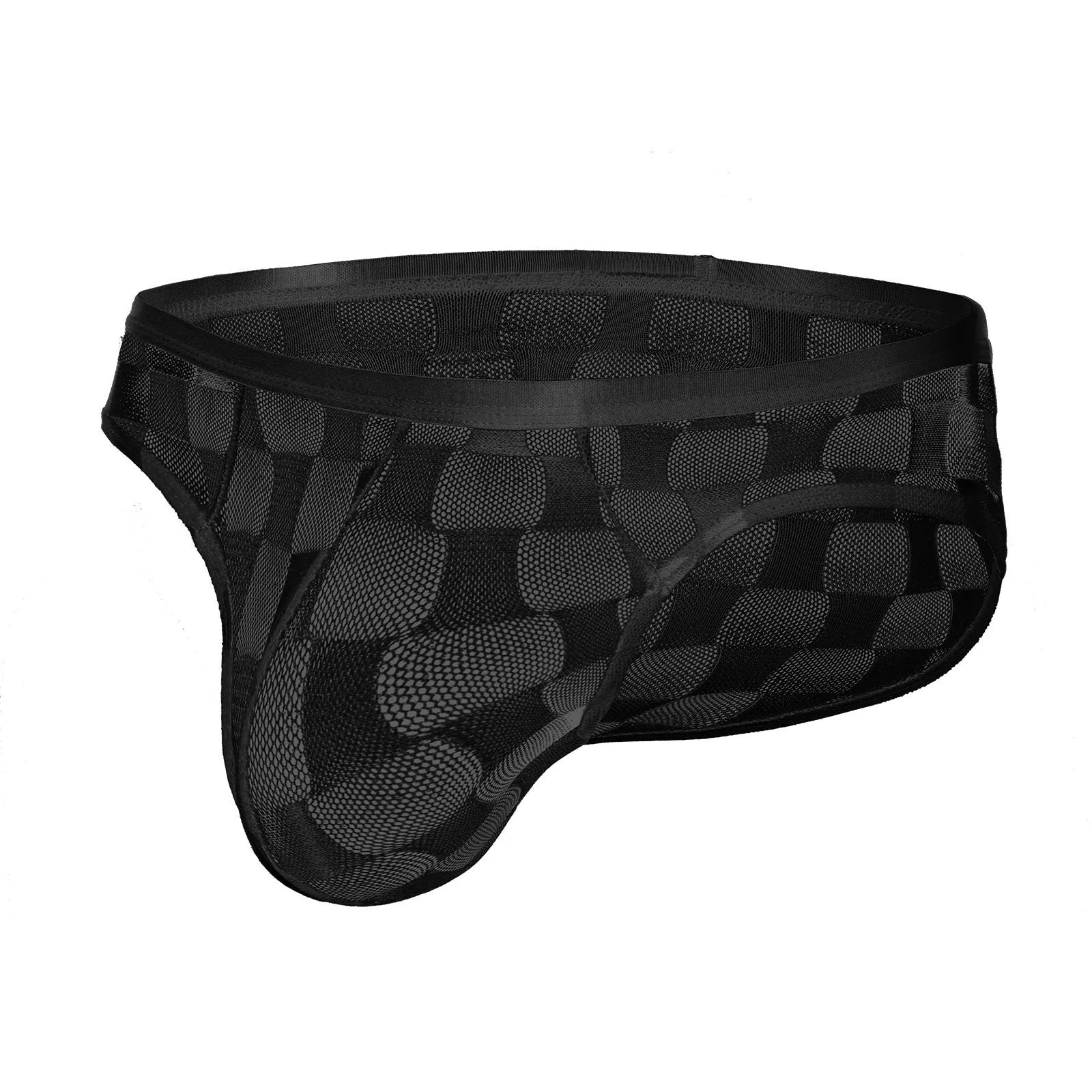 Men's black and white plaid mesh briefs with a U-convex design, shown flat and on a model.