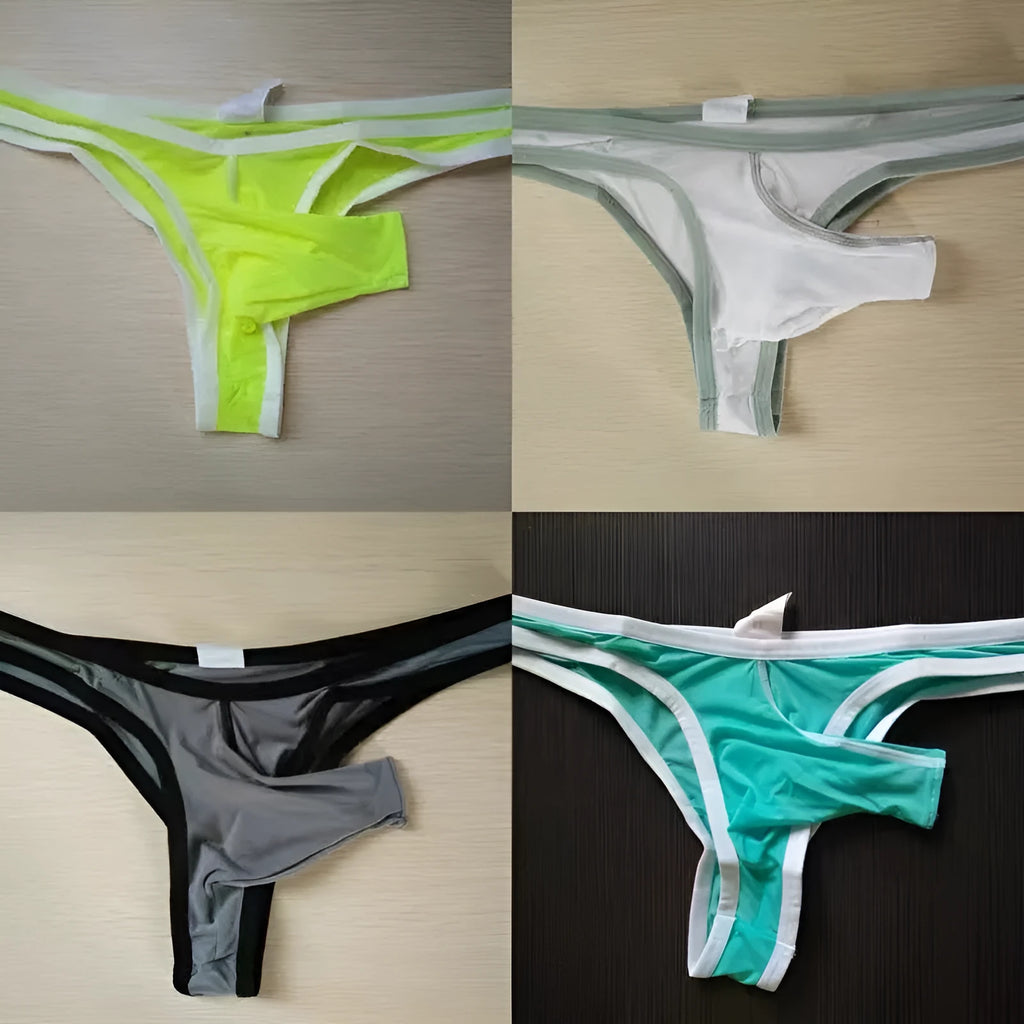 Men's ice silk underwear briefs shown in multiple colours including army green, black, and sky blue