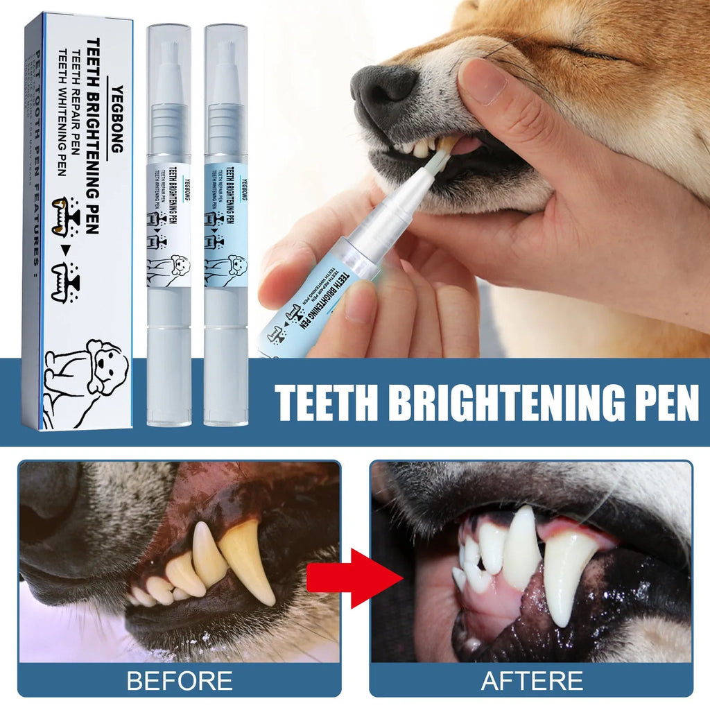 Yegbong pet teeth whitening pen kit with two 3ml pens and two dental brushes.