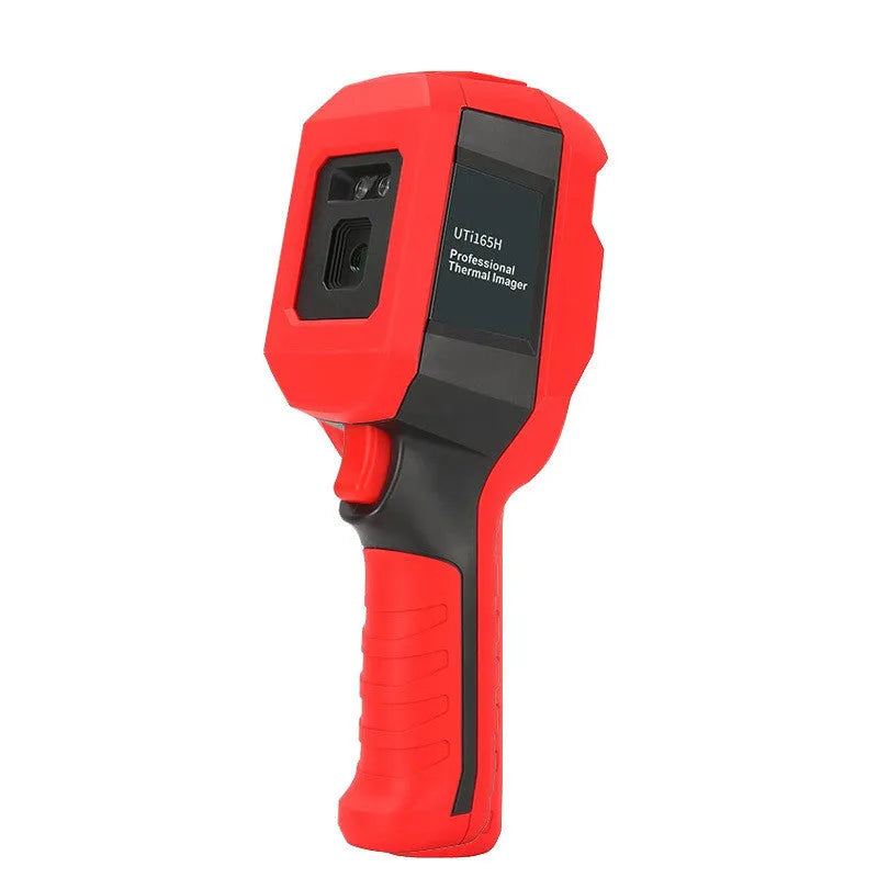 UTi series handheld infrared thermal imager with display screen shown alongside USB cable and storage bag.