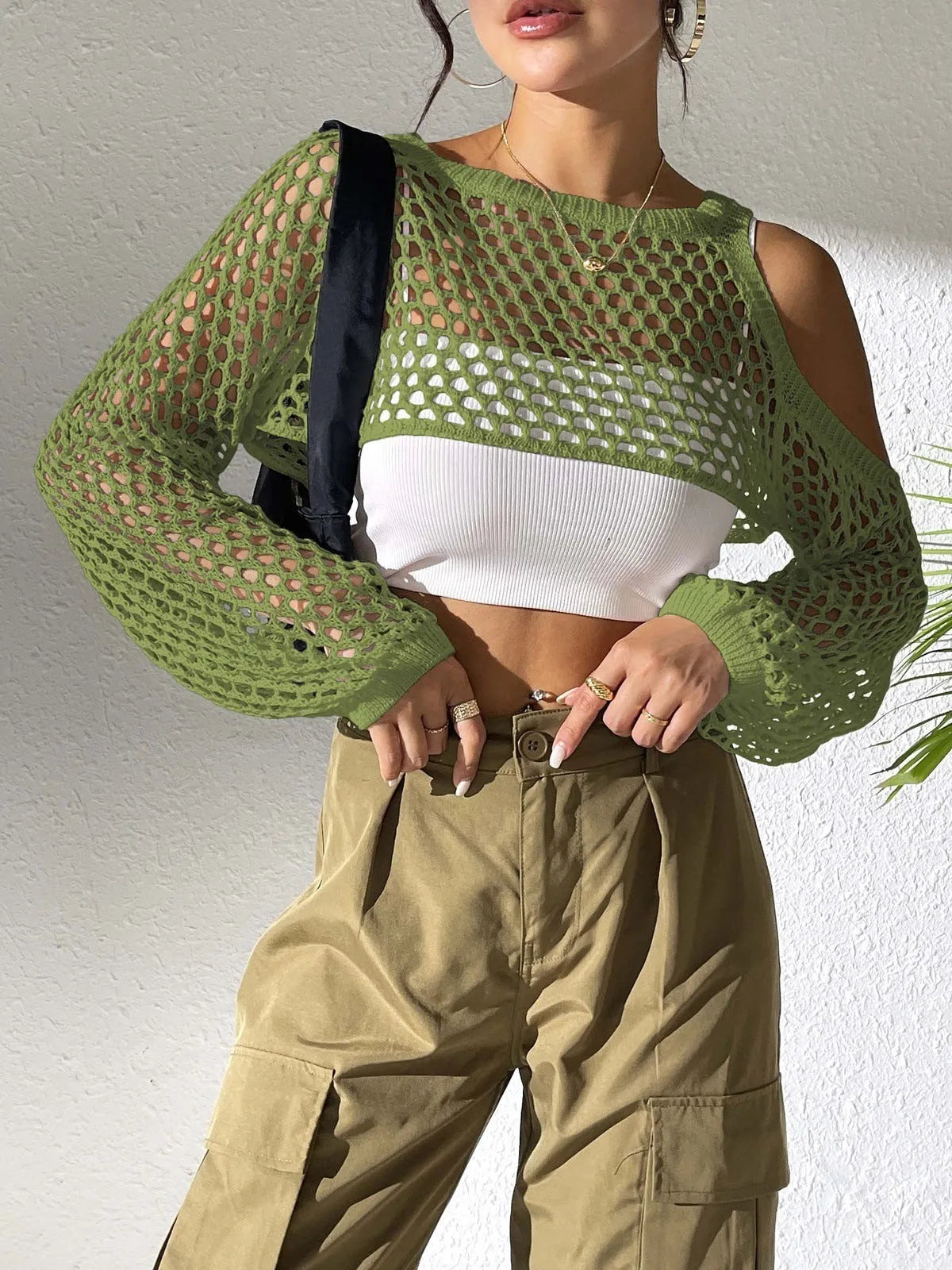 Beachwear mesh shirt with hollowed navel design in Army Green colour