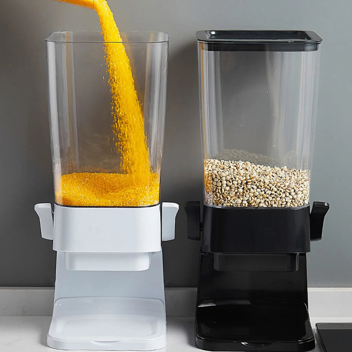 Countertop cereal dispenser in black or white with chute opening, twin levers and 5.5 quart container