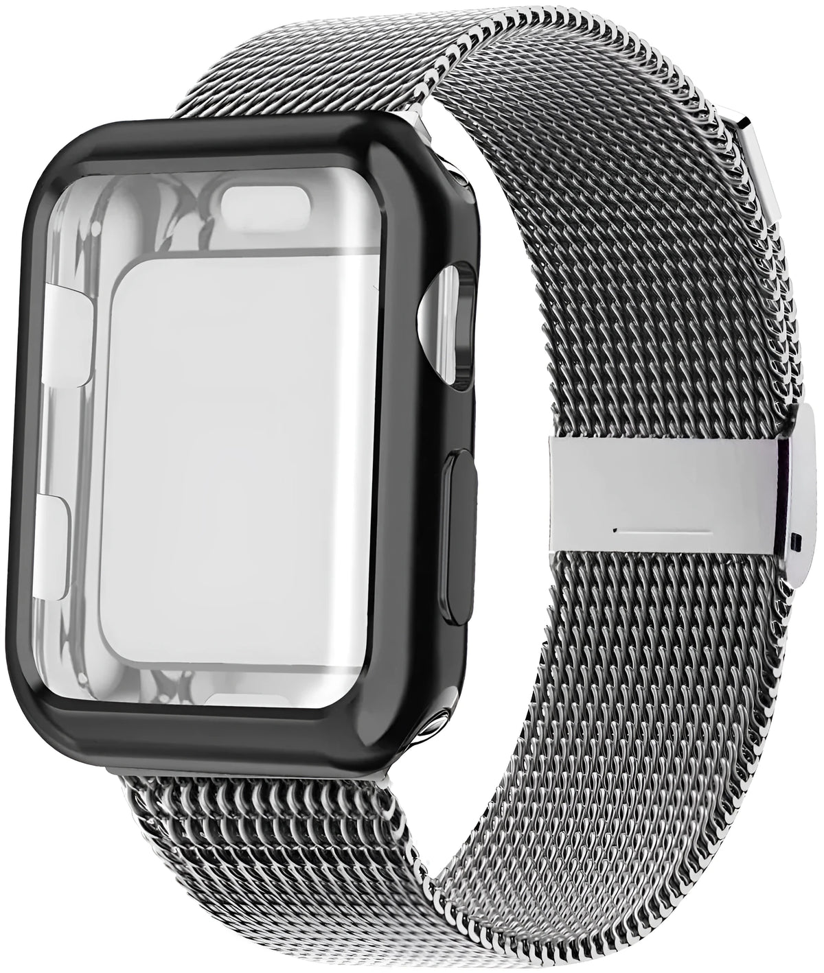 Silver magnetic Milanese loop metal band attached to an Apple Watch on a wrist.