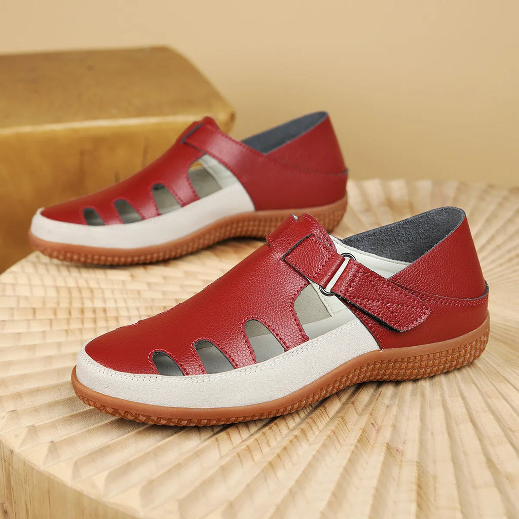 Women's plus size flat heel sandals with hollow toe cap design in blue, red or white colours