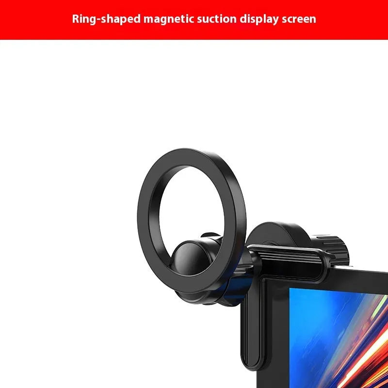 Black plastic magnetic ring phone holder attached to vehicle display screen with universal base and ring magnet