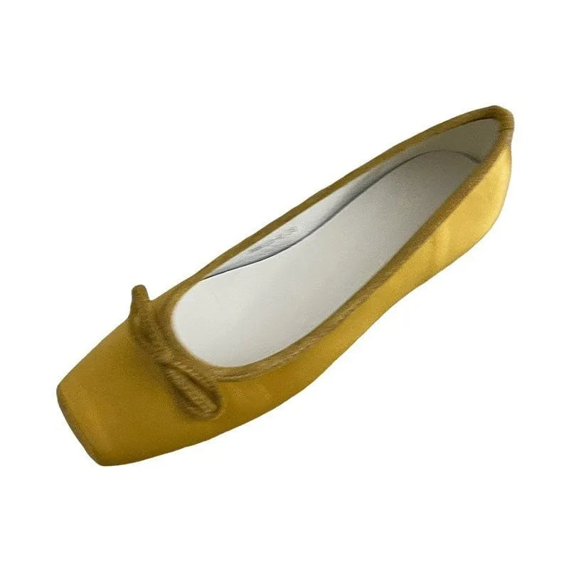 Women's satin shoes with hidden heels, square head and bow detail, available in six solid colours, sizes 35-40.