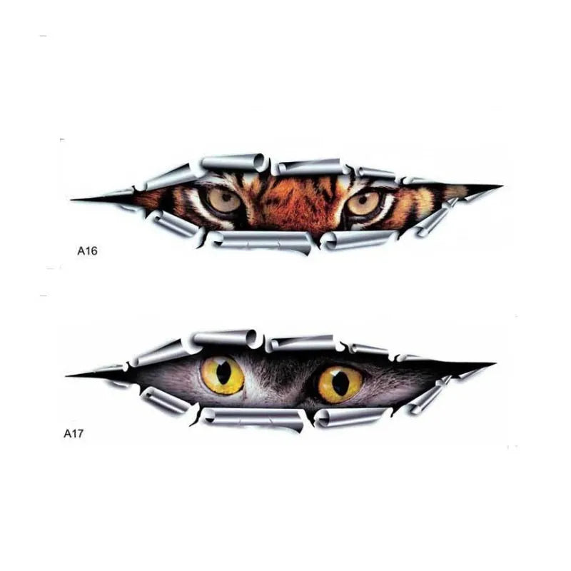 3D tiger eye car door sticker on vehicle showing transparent PVC adhesive and 10x35cm dimensions
