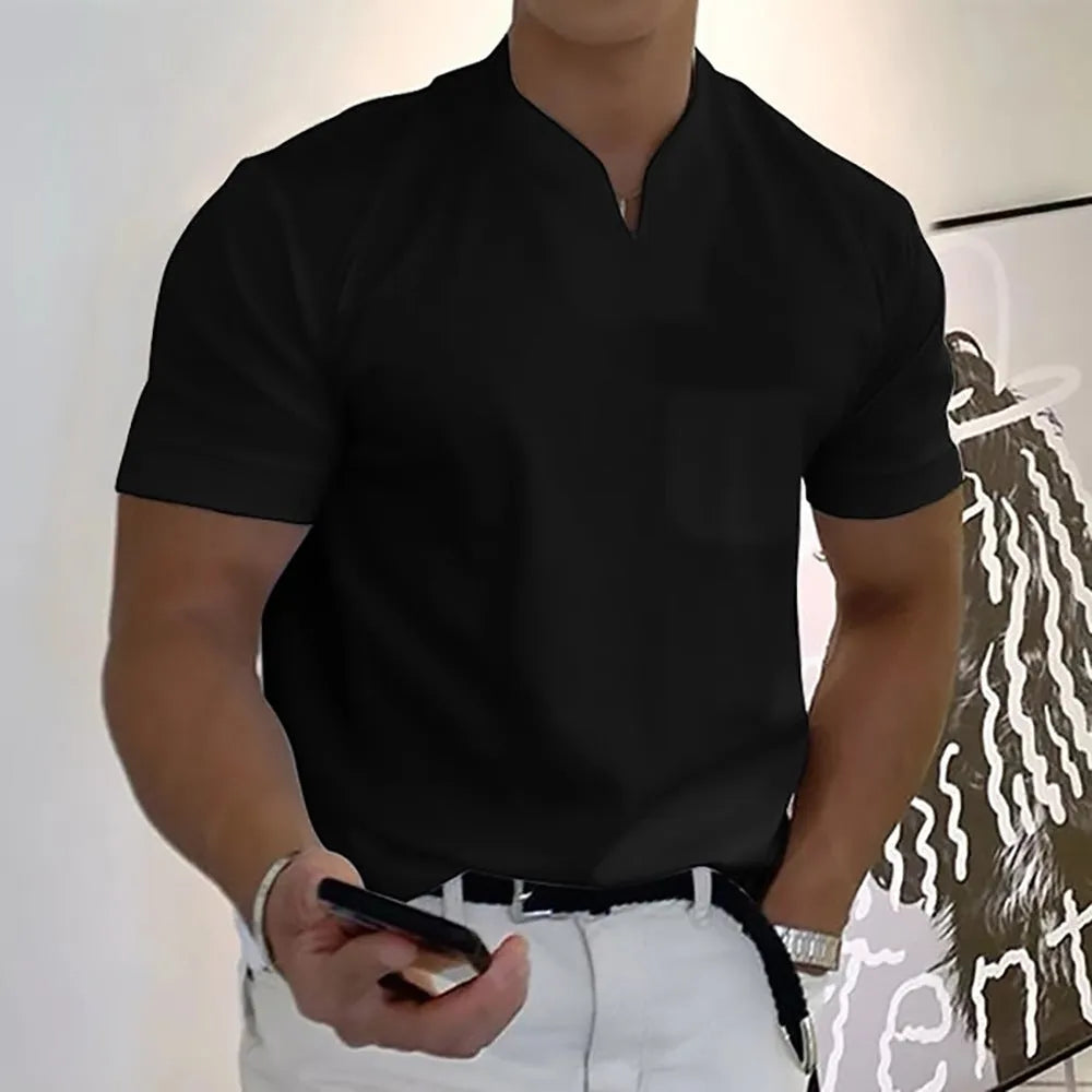 Summer short sleeve shirt for men in plus size with pocket, loose fit stand collar, plain pattern, acetate fibre blend