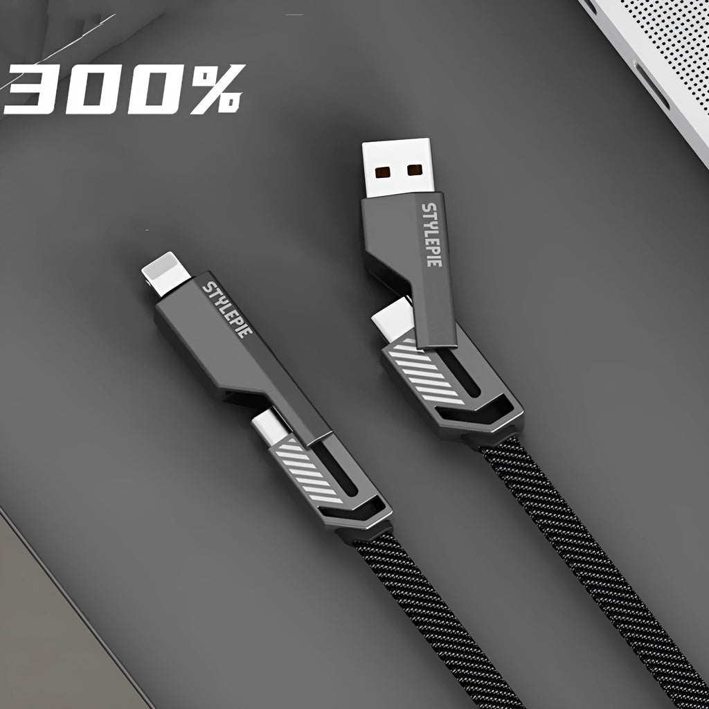 Four-in-one fast charge data cable in Tungsten Black with zinc alloy connector and braided nylon cable