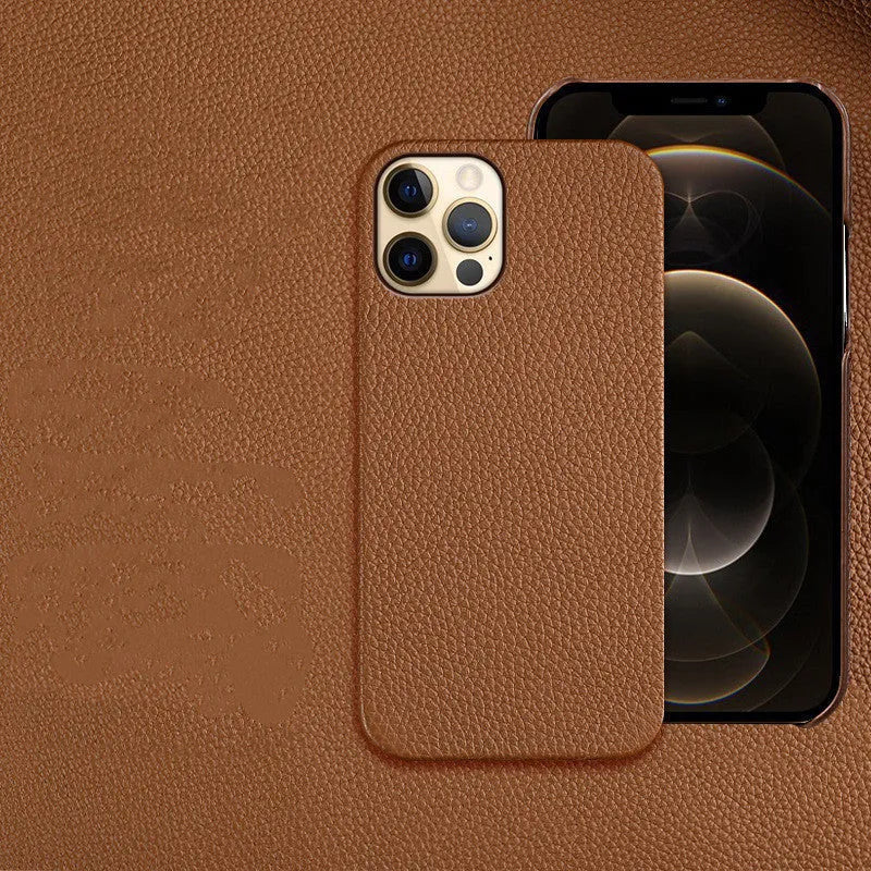 Genuine leather protective case for Apple iPhone in a selection of colours on a table.