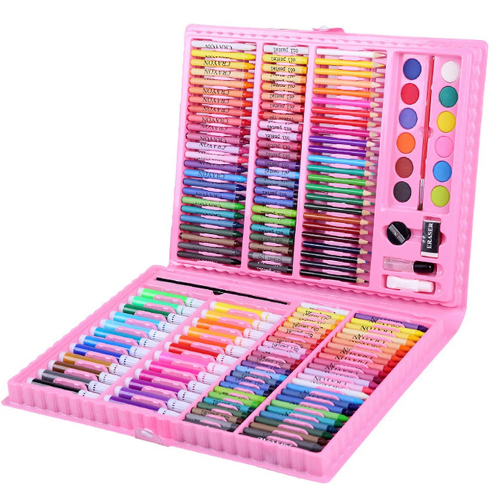 168-piece watercolour pen set in black plastic case with oil pastels and brushes