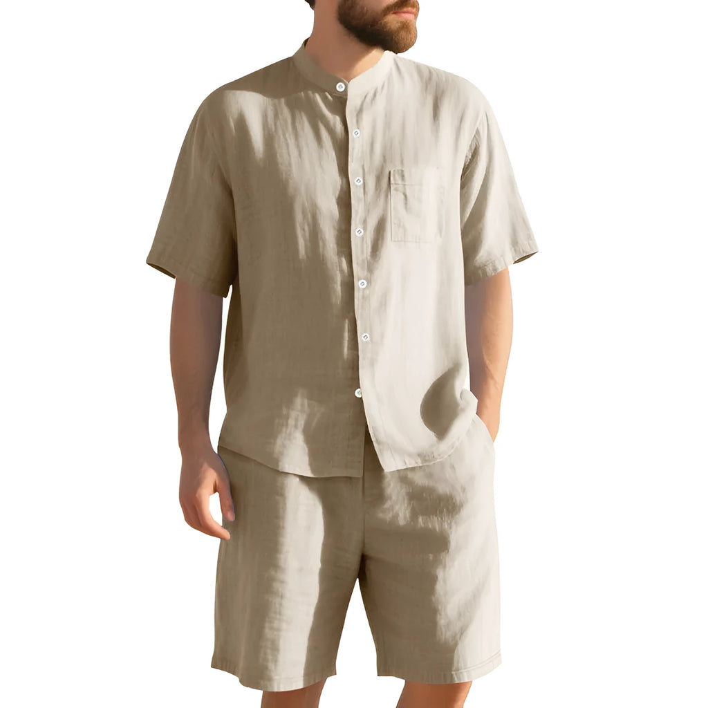 Men's light blue linen blend Henry collar shirt jacket and matching shorts summer suit set
