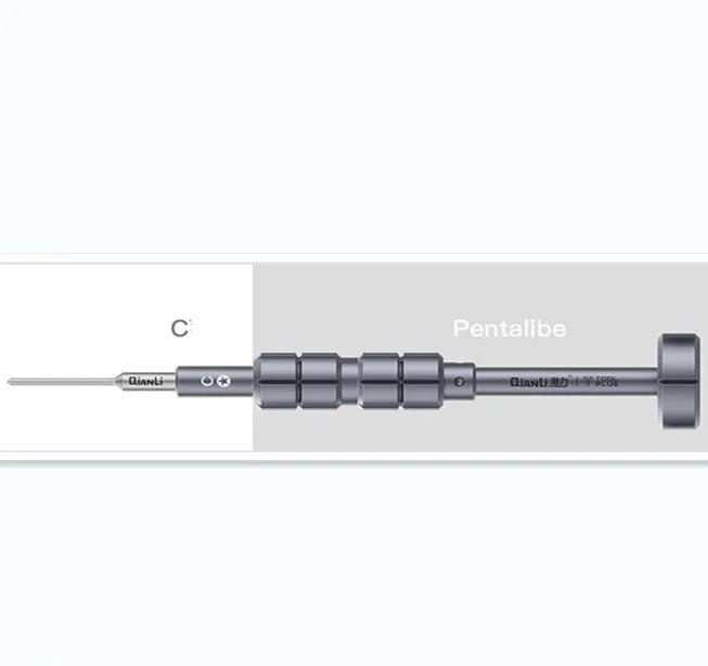 Compatible iPhone precision screwdriver with five bit types in a grenade-shaped aluminium handle.