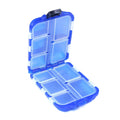 Black plastic fishing tackle storage box with 10 internal compartments.