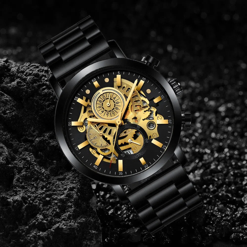Men's multi-functional calendar watch with hollowed out round 45mm dial, stainless steel strap, gold or silver finish
