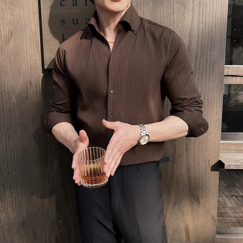 Men's dark striped V-neck long sleeve shirt in polyester blend fabric for spring and autumn wear