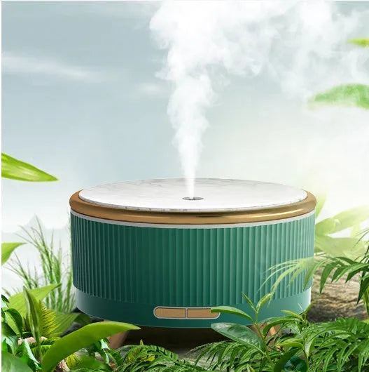 Cylinder USB charging humidifier with 500ml tank, one fog outlet, plastic body, black or green, under 36dB noise.
