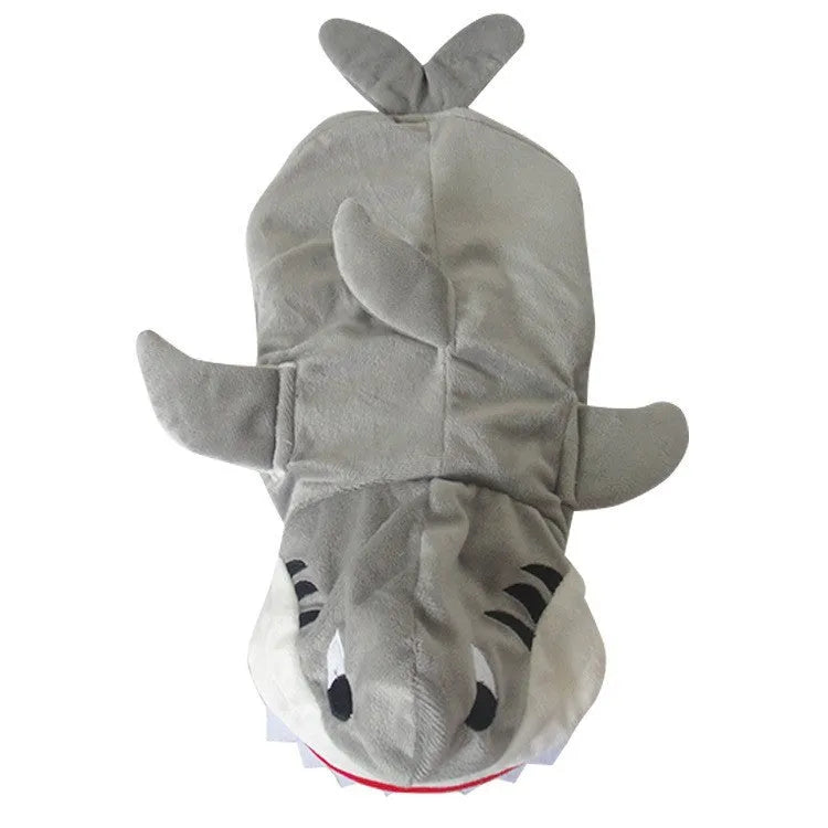 3D shark suit cosplay costume in blue or grey shearing fabric with embroidered eyes and zigzag-cut mouth