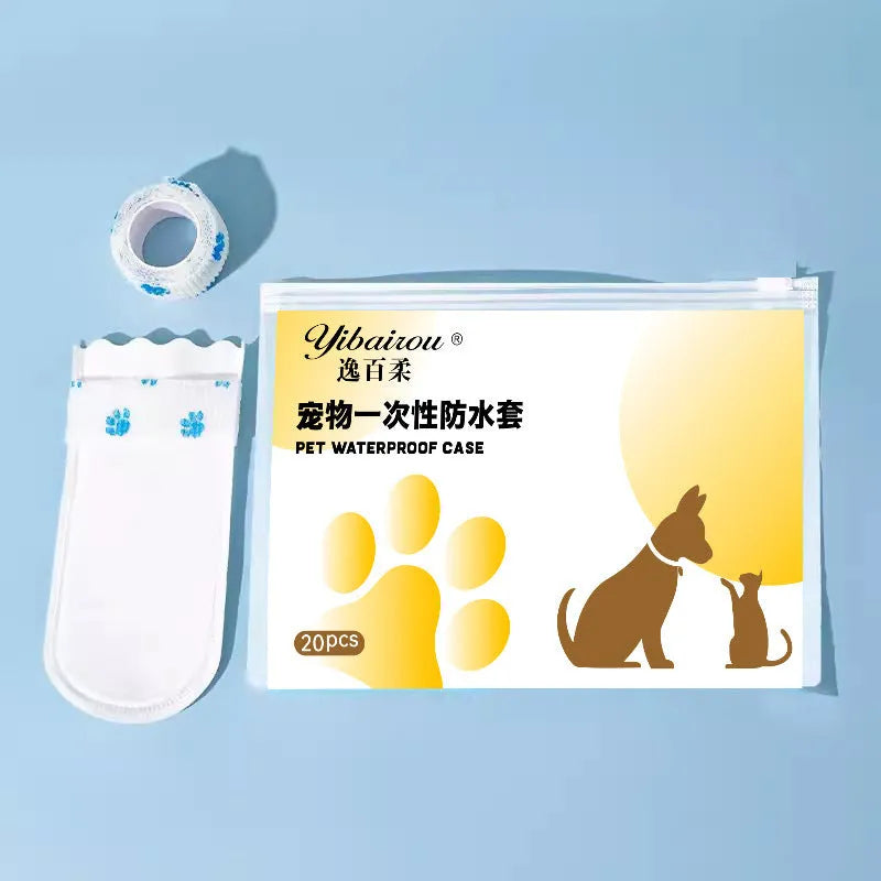A pack of 20 white disposable waterproof shoe covers for dogs on a non-slip sole, S and M sizes.