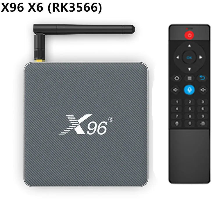 Android smart set-top box with remote control showing dual-band WiFi and Bluetooth connectivity options