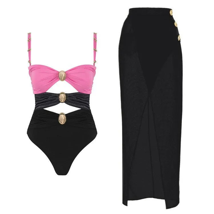 Women's sleeveless one-piece swimsuit with hollow out stitching and round buckle decoration in green.