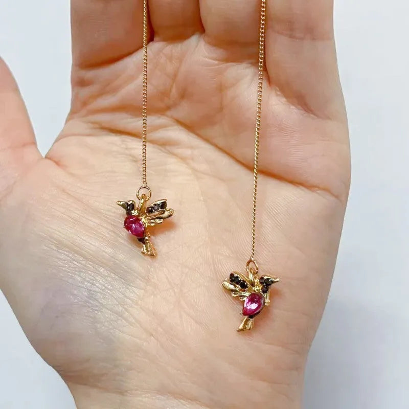 Women's long alloy bird earrings with mixed zirconium wings in red, blue, and red lvzuan colours