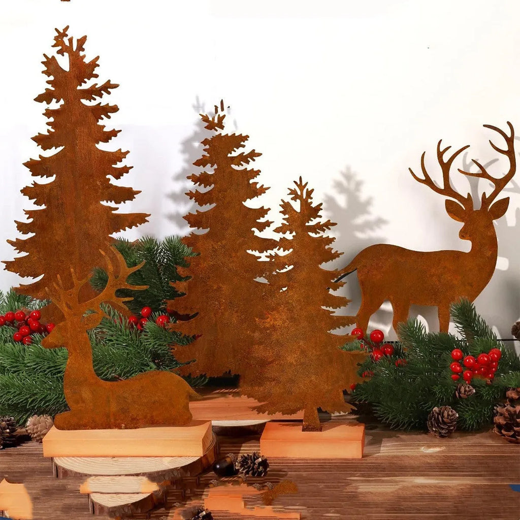 Set of three rusty iron Christmas tree ornaments with elk silhouettes, American-style metal decor.