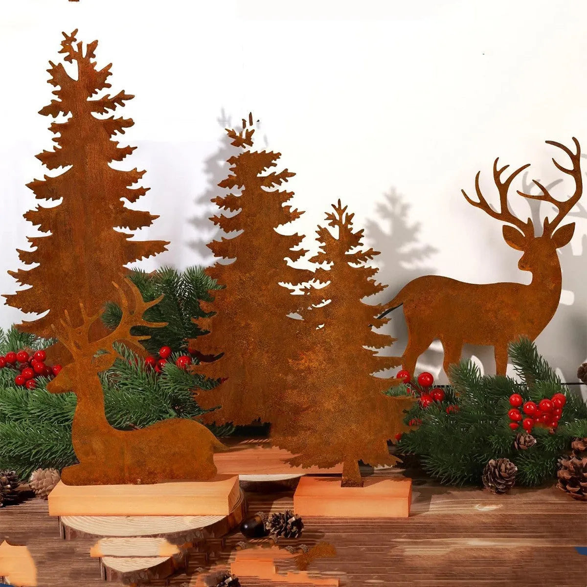 Set of three rusty iron Christmas tree ornaments with elk silhouettes, American-style metal decor.