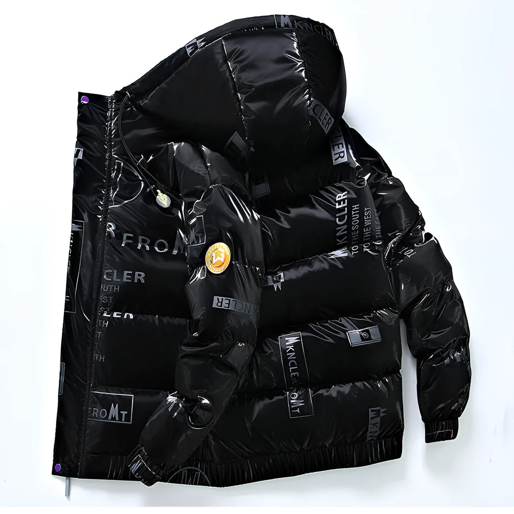 Fashion trendy warm youth hooded jacket in linen, loose fit, black colour, round neck with hood, front view