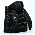 Fashion trendy warm youth hooded jacket in linen, loose fit, black colour, round neck with hood, front view