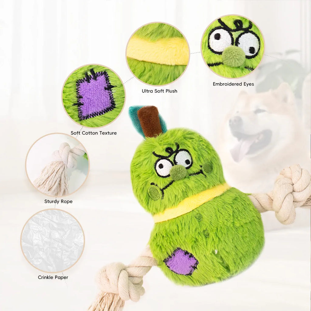Green and purple interactive plush dog toy with rope knots and a molar tooth design for tug of war.