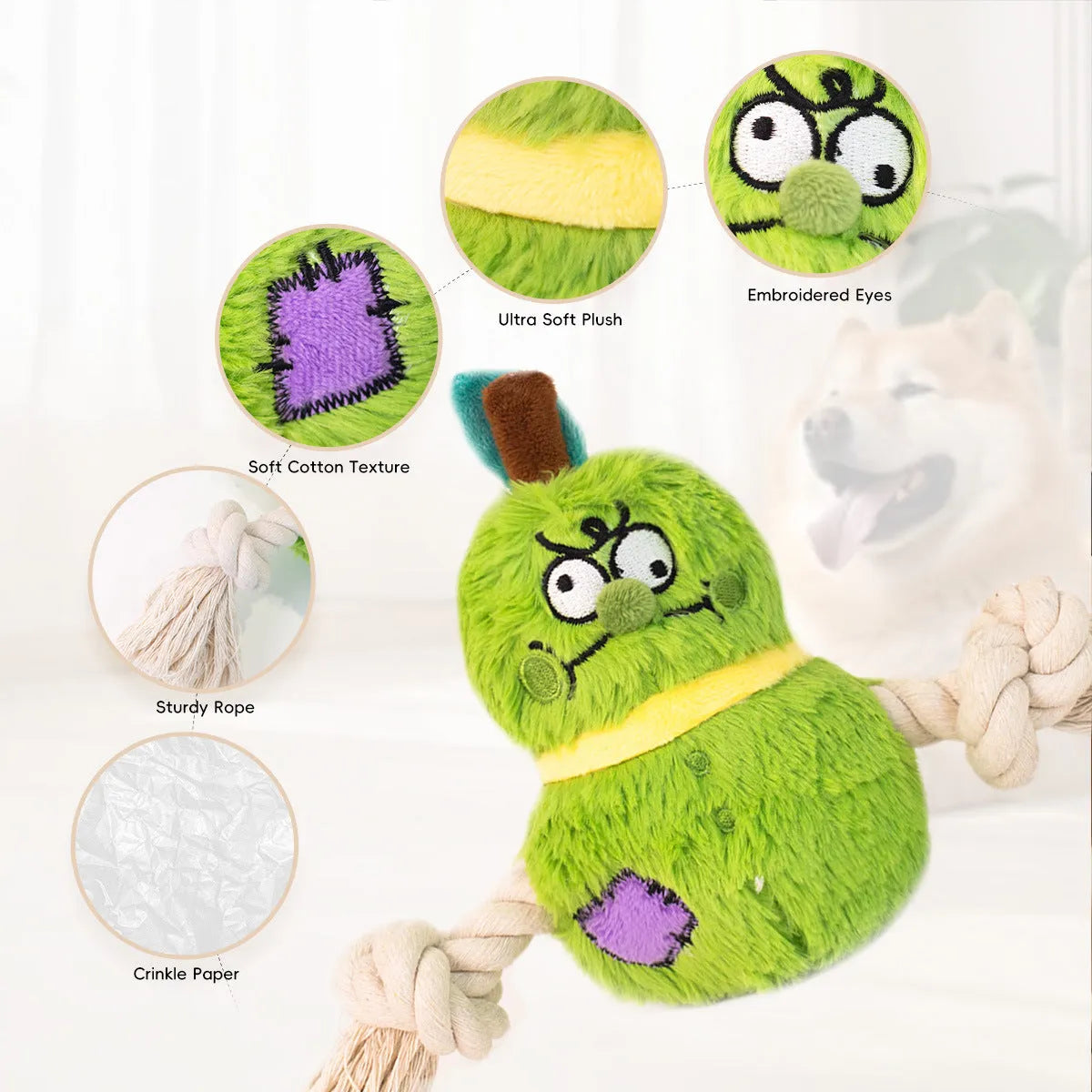 Green and purple interactive plush dog toy with rope knots and a molar tooth design for tug of war.
